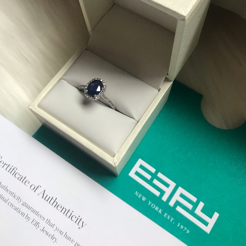 EFFY 14K Oval Sapphire Ring Diamond Halo Pave 6
